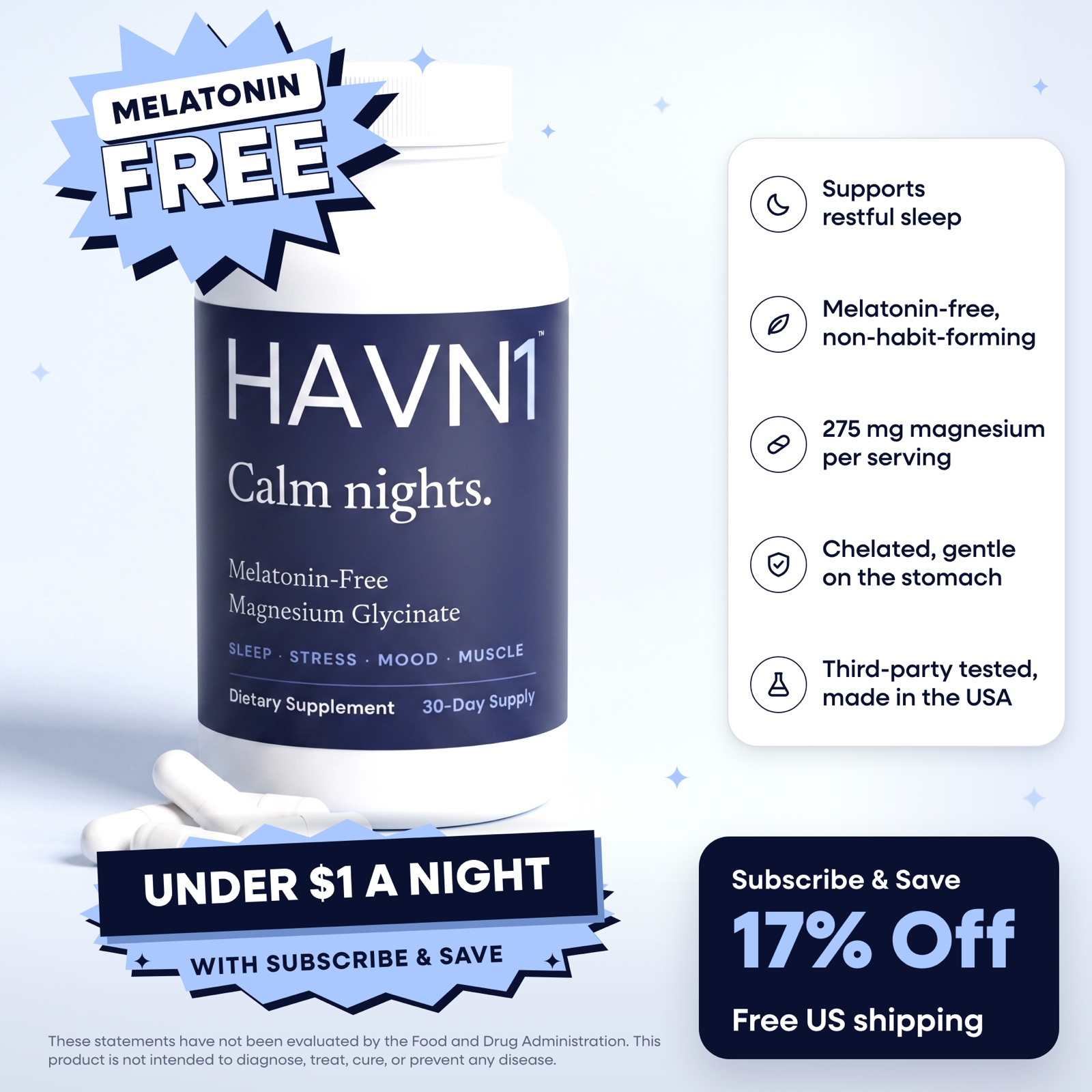 HAVN1 magnesium glycinate bottle with capsules, melatonin-free, five benefits, Subscribe & Save 17% off