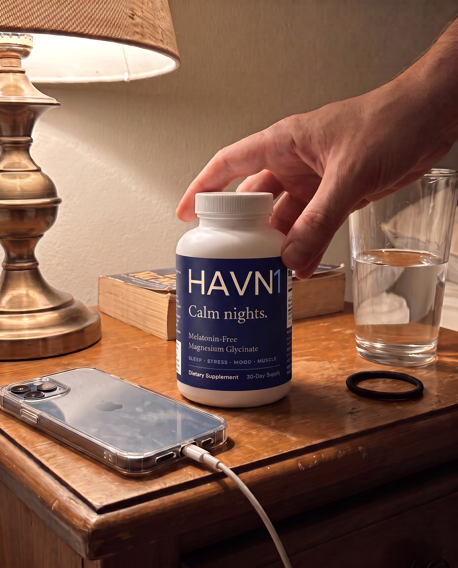 Our shot: HAVN1 bottle on a nightstand