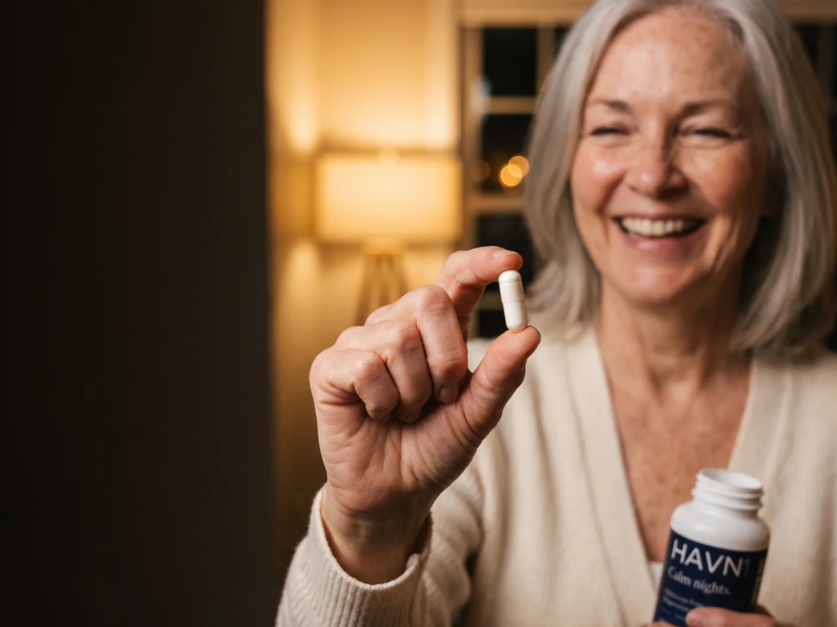 A woman holding a magnesium capsule and an open HAVN1 bottle